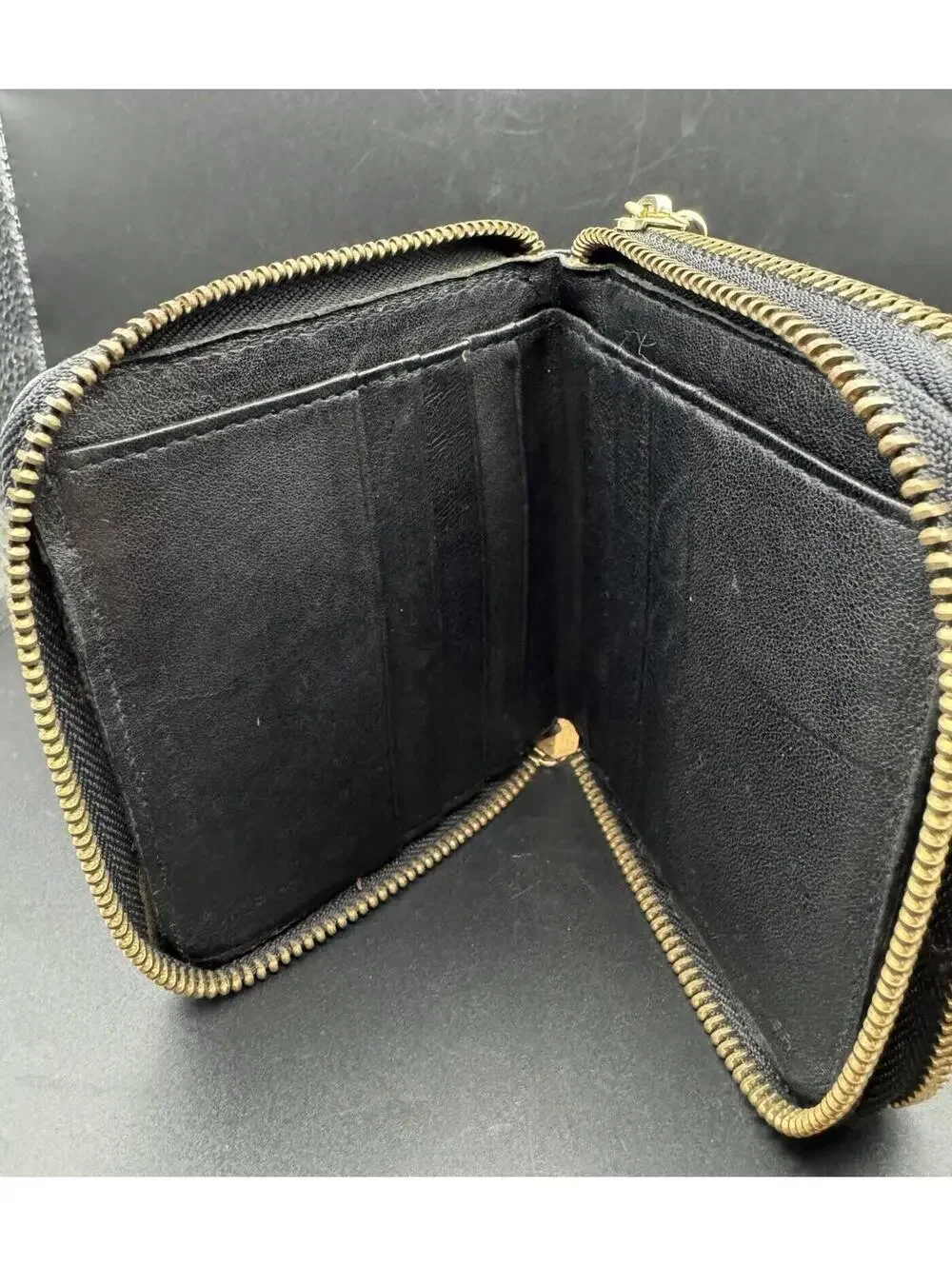 Black Leather Double Zip-Around Compact Wallet Gold Hardware
